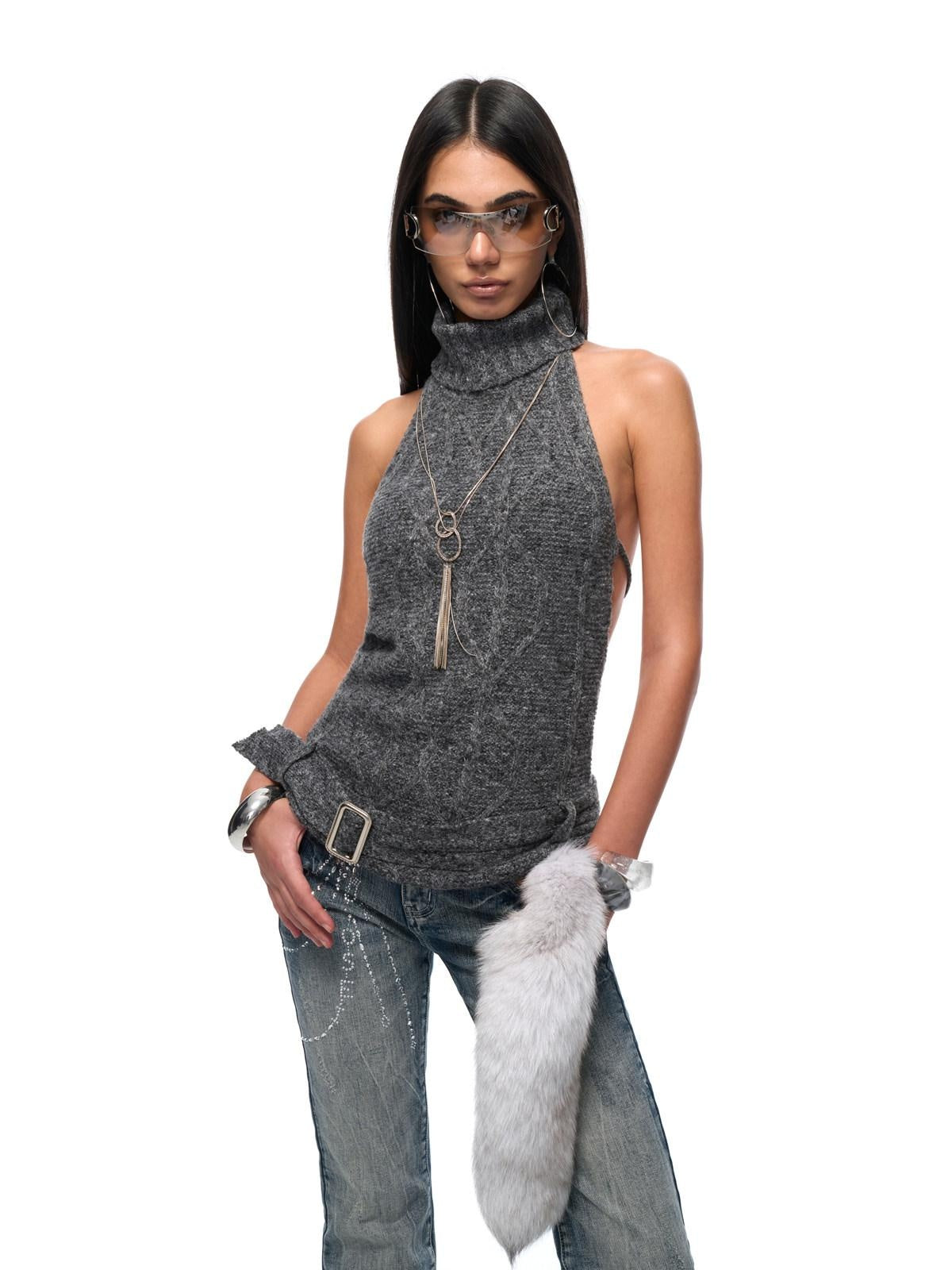 JYOSEI Sexy Slim Ribbed Backless Knit Tie Front Metal Accent Halter Crop Tops
