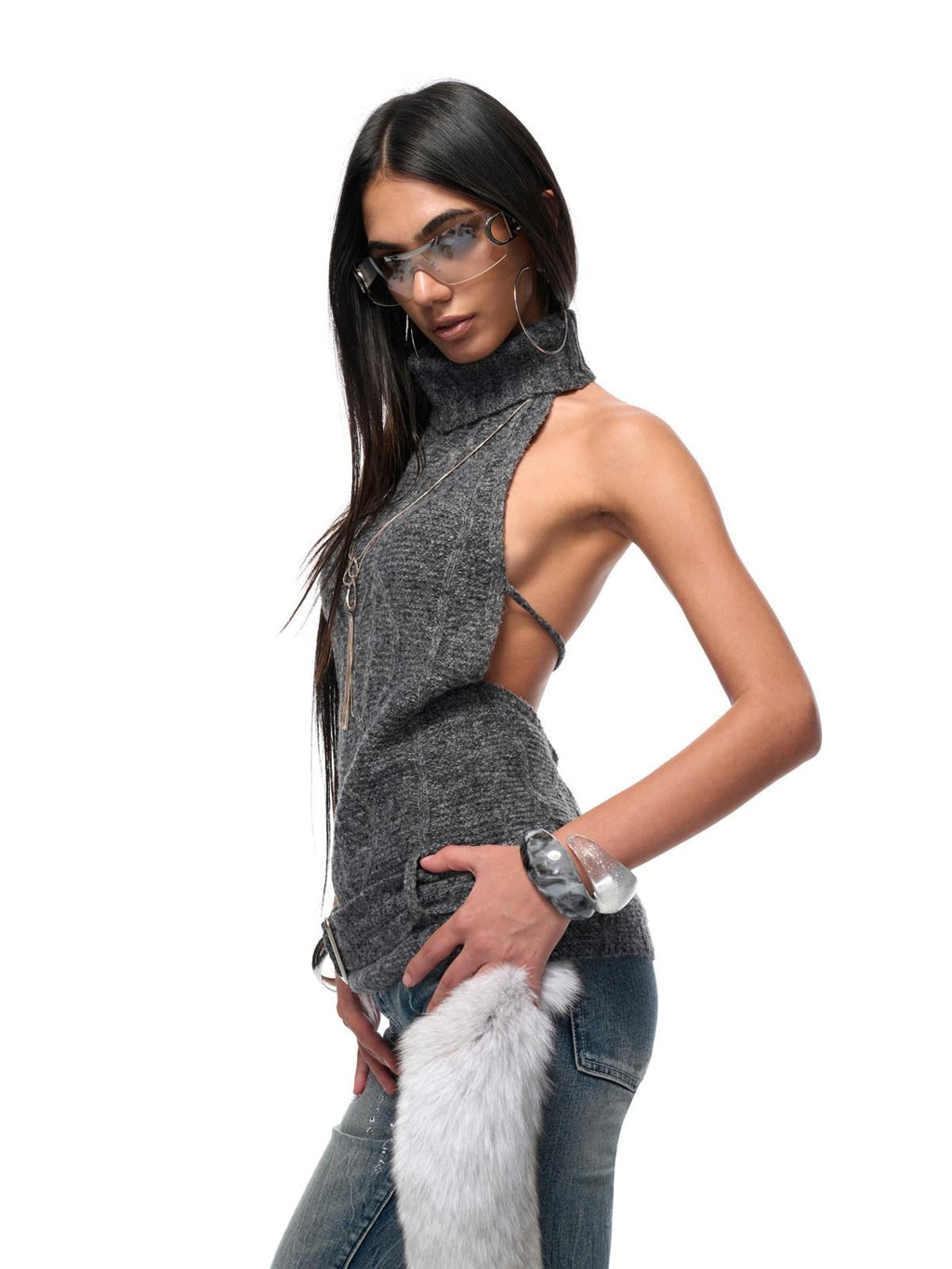 JYOSEI Sexy Slim Ribbed Backless Knit Tie Front Metal Accent Halter Crop Tops