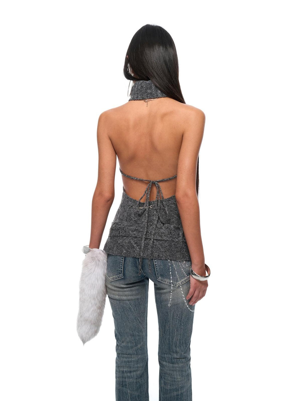 JYOSEI Sexy Slim Ribbed Backless Knit Tie Front Metal Accent Halter Crop Tops