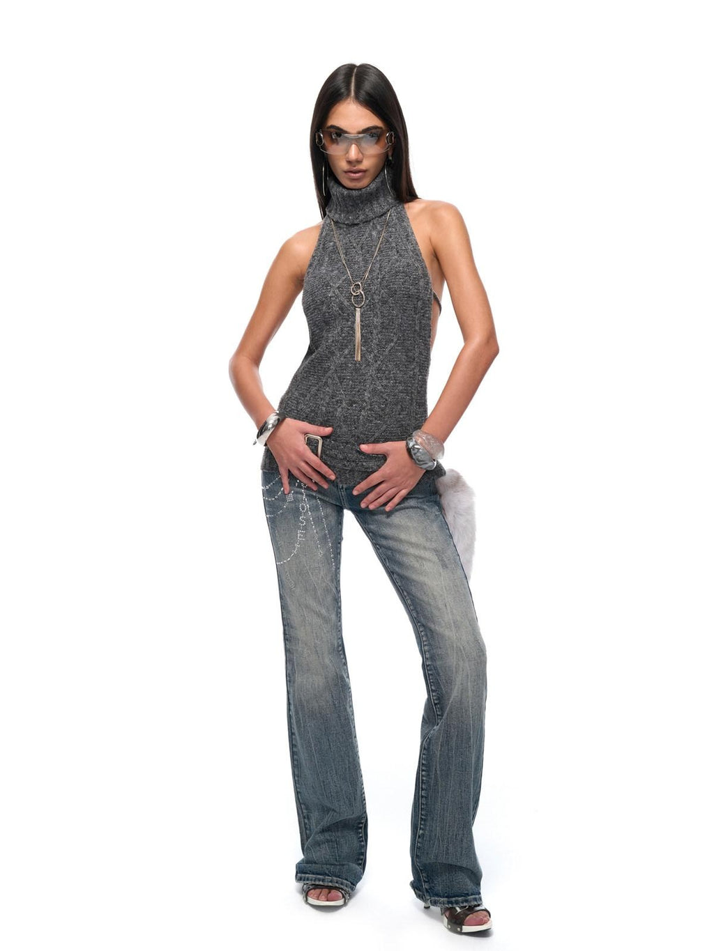 JYOSEI Sexy Slim Ribbed Backless Knit Tie Front Metal Accent Halter Crop Tops