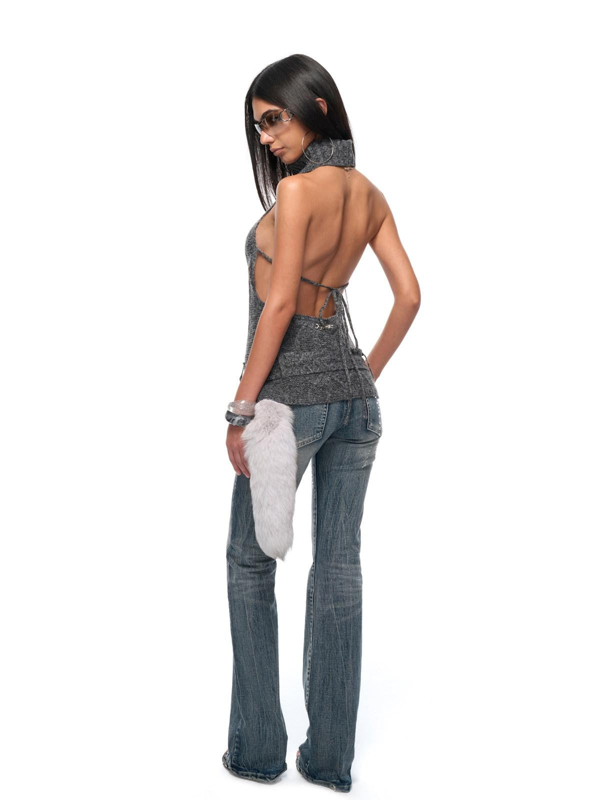 JYOSEI Sexy Slim Ribbed Backless Knit Tie Front Metal Accent Halter Crop Tops