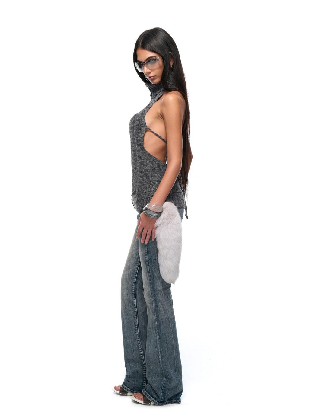 JYOSEI Sexy Slim Ribbed Backless Knit Tie Front Metal Accent Halter Crop Tops