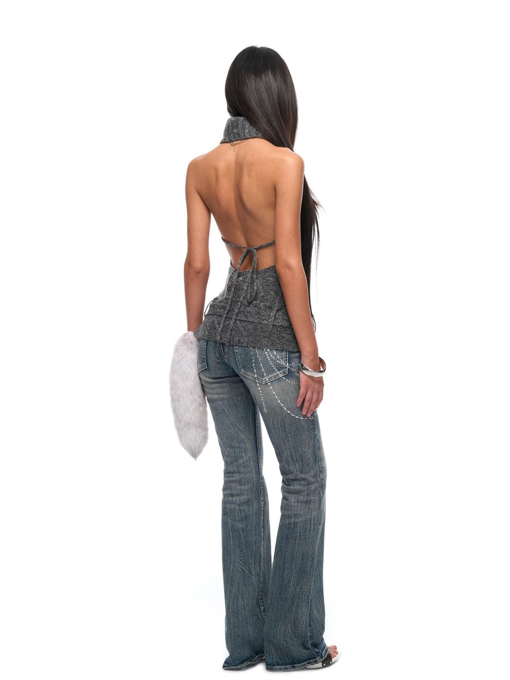 JYOSEI Sexy Slim Ribbed Backless Knit Tie Front Metal Accent Halter Crop Tops