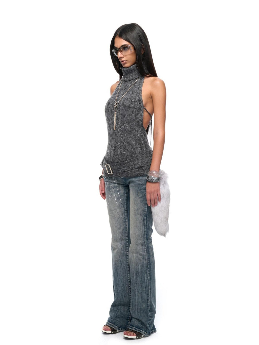 JYOSEI Sexy Slim Ribbed Backless Knit Tie Front Metal Accent Halter Crop Tops