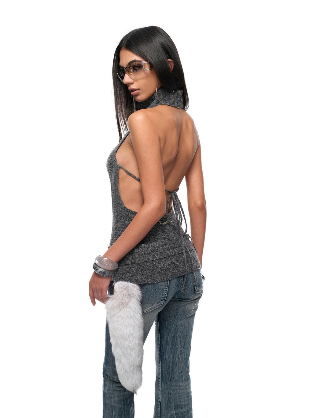 JYOSEI Sexy Slim Ribbed Backless Knit Tie Front Metal Accent Halter Crop Tops