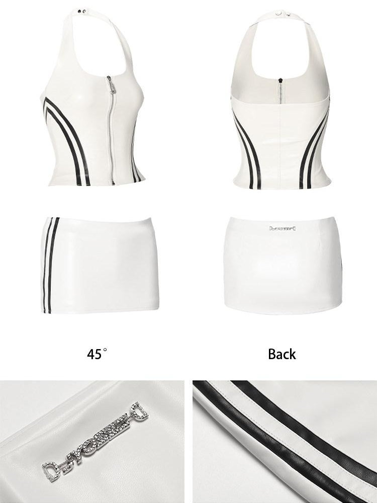 JYOSEI Sexy Zipper Round Neck Polyester Crop Top Mini Skirt Women Top & Skirt Sets