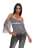 JYOSEI Shimmer Sequin Ruffle Backless V-neck Tight Fit Stretch Women Gray Camisoles