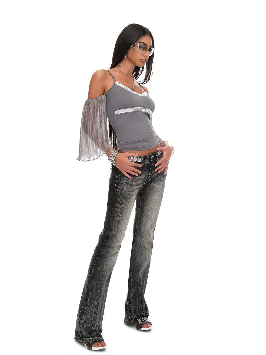JYOSEI Shimmer Sequin Ruffle Backless V-neck Tight Fit Stretch Women Gray Camisoles