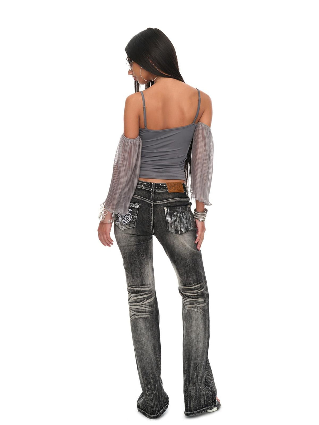 JYOSEI Shimmer Sequin Ruffle Backless V-neck Tight Fit Stretch Women Gray Camisoles