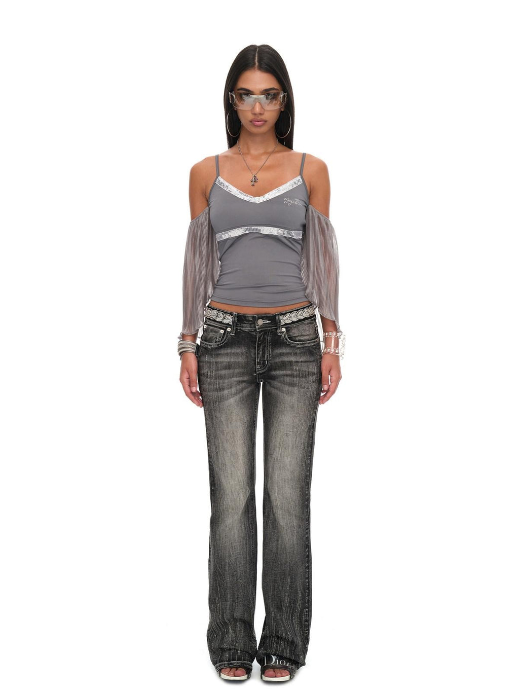 JYOSEI Shimmer Sequin Ruffle Backless V-neck Tight Fit Stretch Women Gray Camisoles