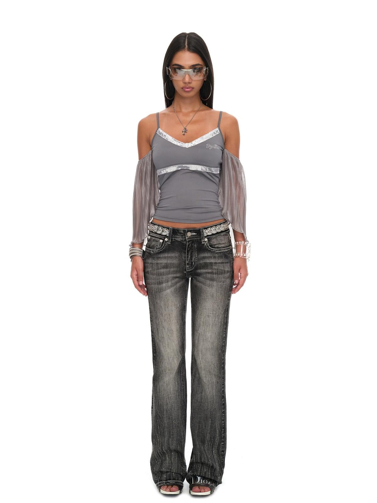 JYOSEI Shimmer Sequin Ruffle Backless V-neck Tight Fit Stretch Women Gray Camisoles