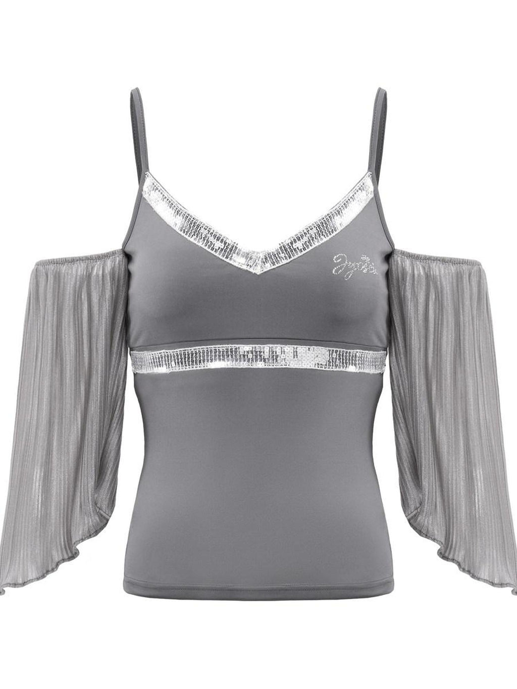 JYOSEI Shimmer Sequin Ruffle Backless V-neck Tight Fit Stretch Women Gray Camisoles