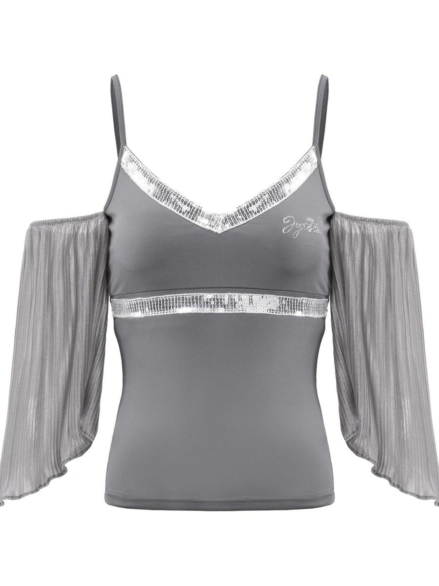 JYOSEI Shimmer Sequin Ruffle Backless V-neck Tight Fit Stretch Women Gray Camisoles
