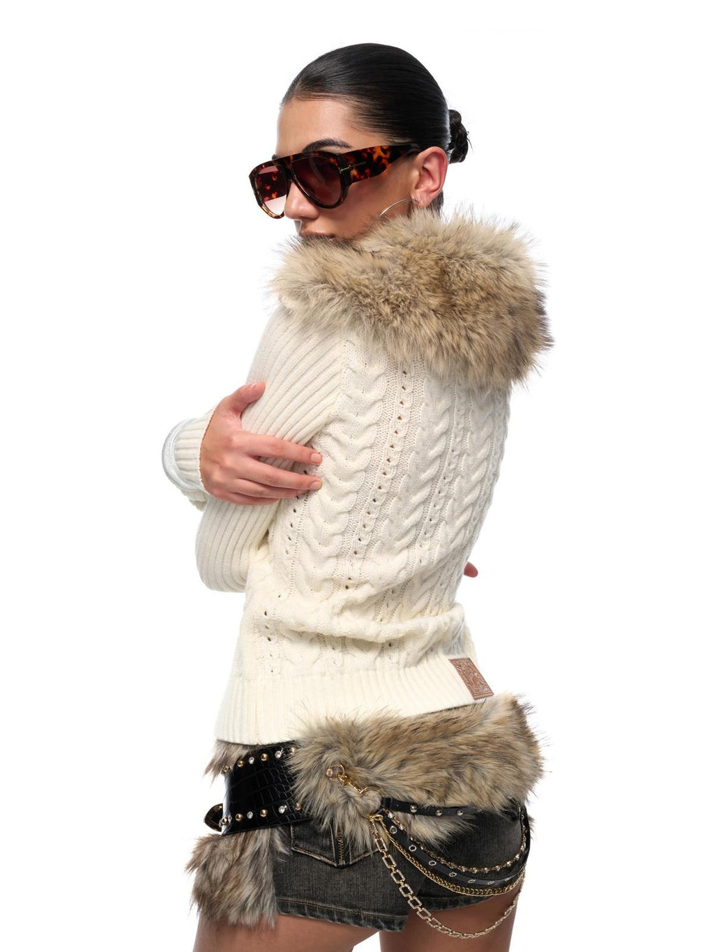 JYOSEI Soft Cinched Waist Sexy Chic Double Zipper Diamond Knit Women Cardigans
