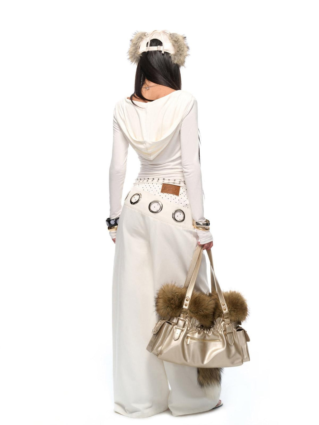 JYOSEI Soft Cotton Spandex Slim Hooded Studded Women White Long Sleeve T-Shirts