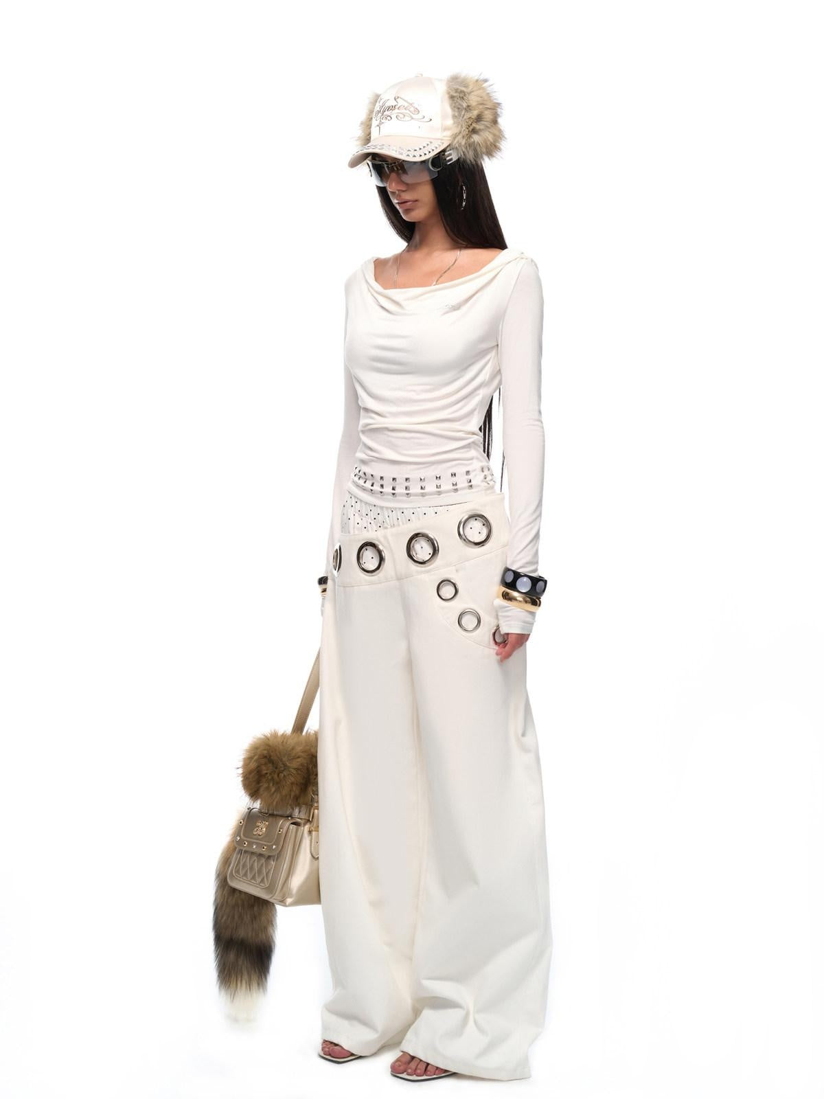 JYOSEI Soft Cotton Spandex Slim Hooded Studded Women White Long Sleeve T-Shirts