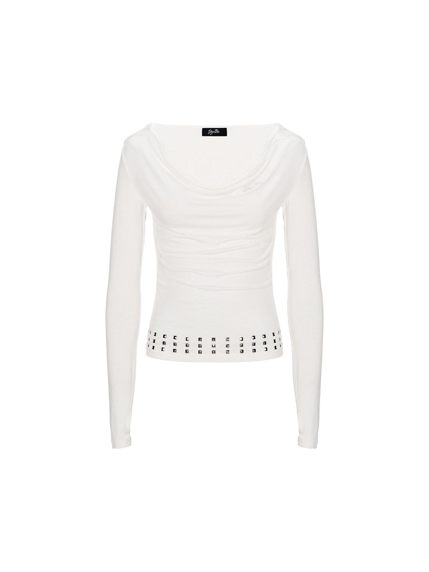 JYOSEI Soft Cotton Spandex Slim Hooded Studded Women White Long Sleeve T-Shirts