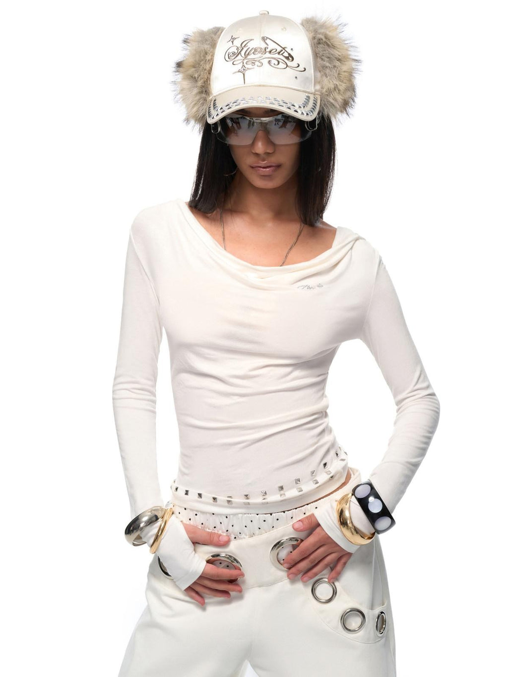 JYOSEI Soft Cotton Spandex Slim Hooded Studded Women White Long Sleeve T-Shirts