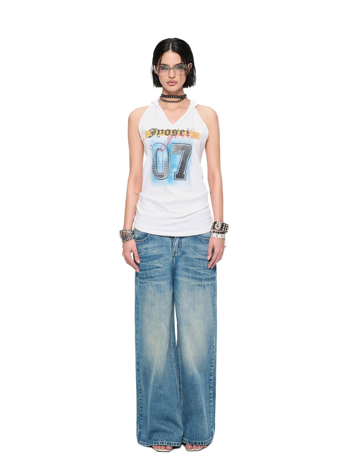 JYOSEI Soft Cotton V-neck Sleeveless Printed Rhinestone Straight H Fit Womens Hoodie