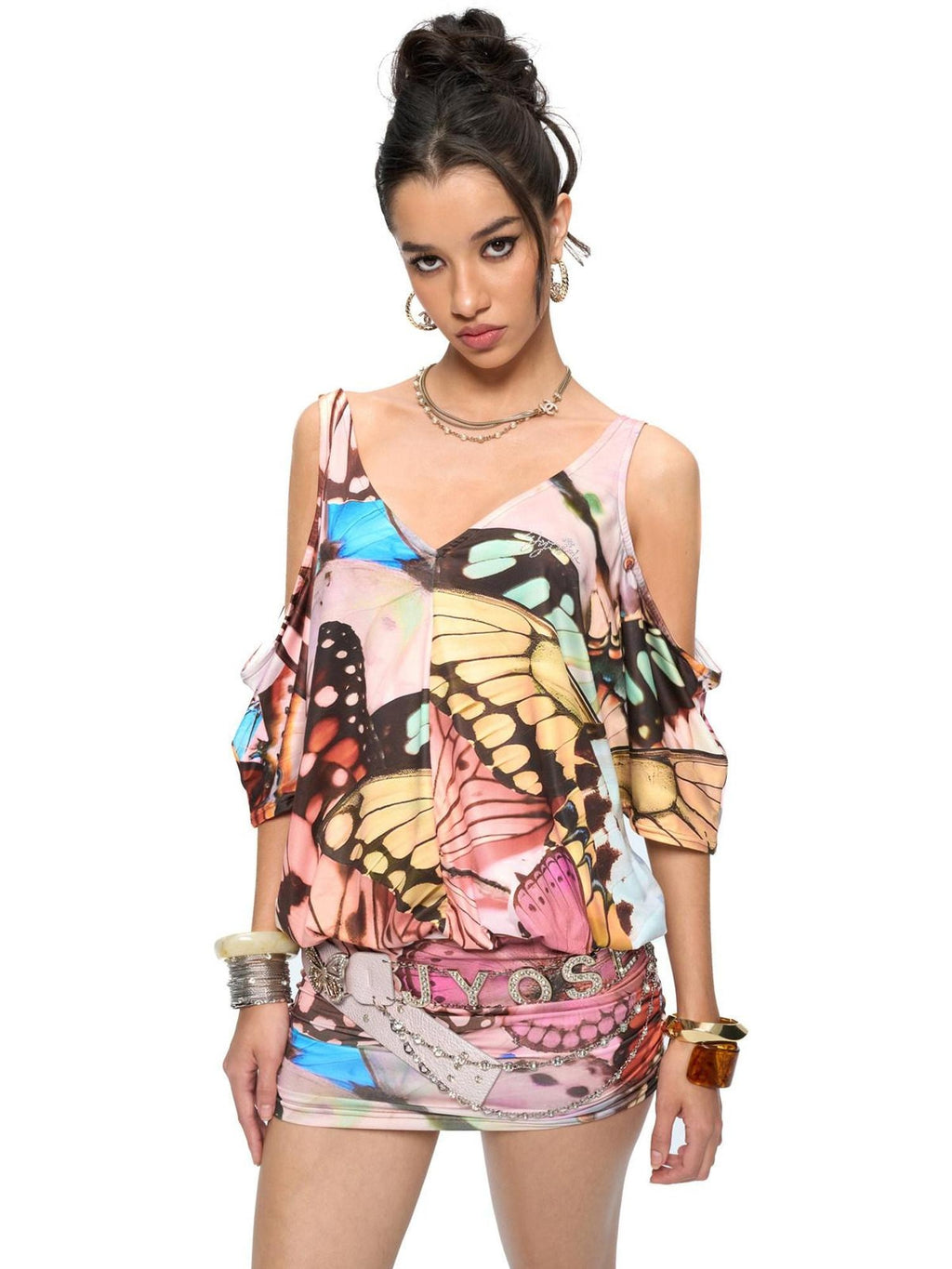 JYOSEI Soft Ruched V-neck Batwing Sleeve Floral Print Natural Waist Mini Dresses