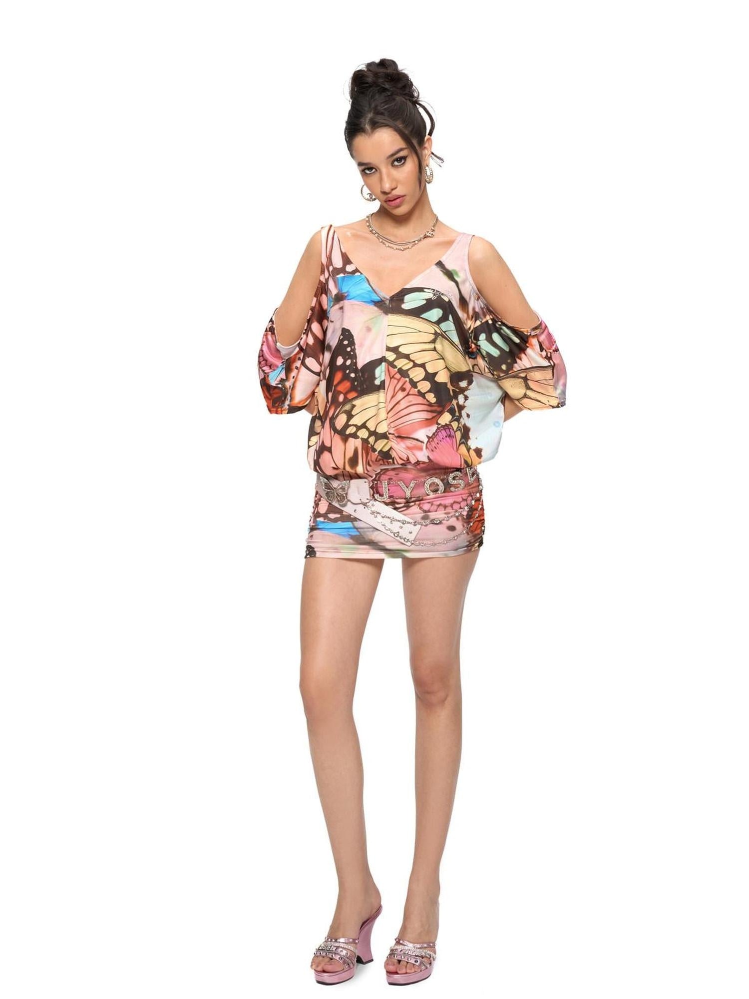 JYOSEI Soft Ruched V-neck Batwing Sleeve Floral Print Natural Waist Mini Dresses