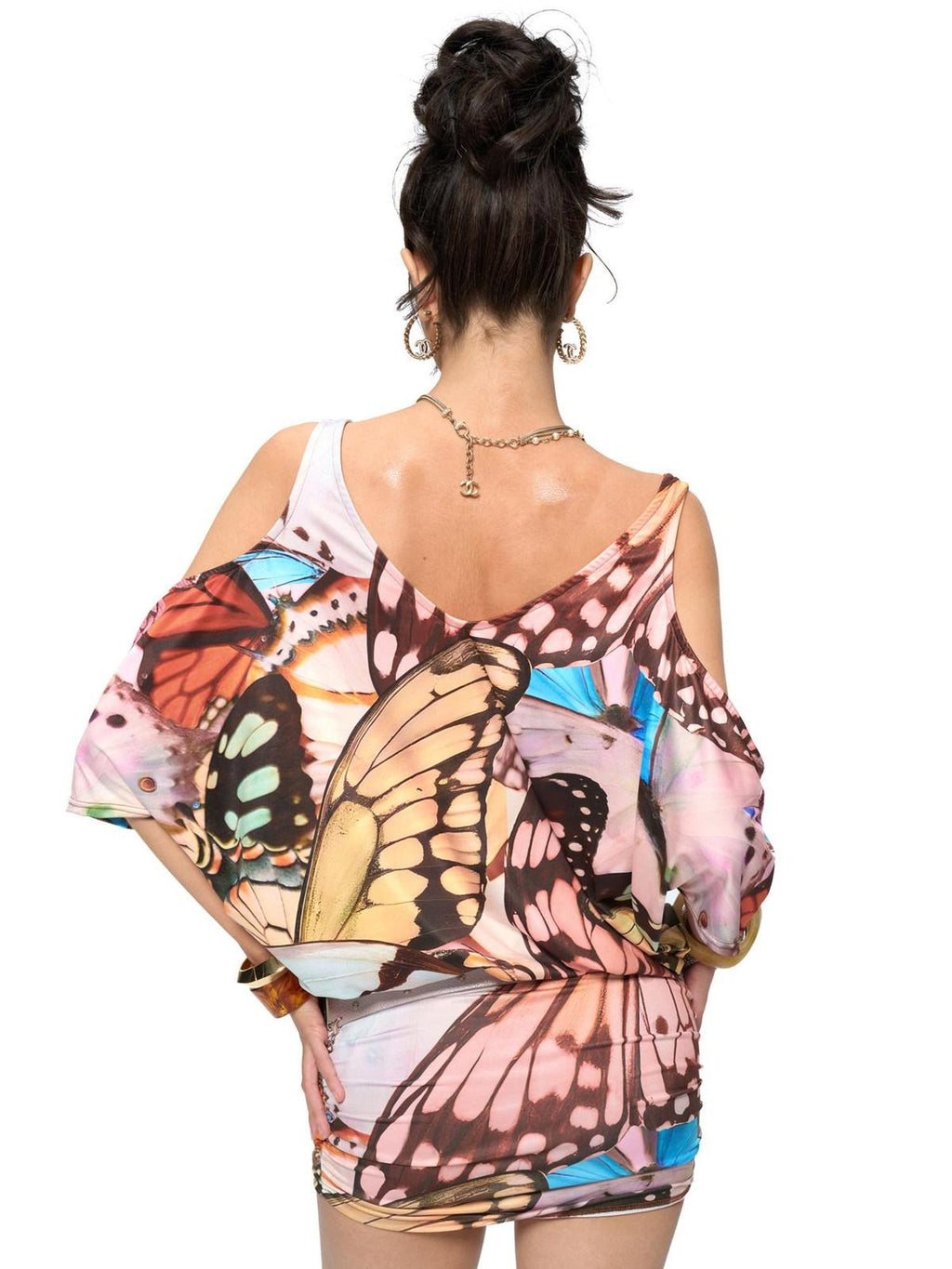 JYOSEI Soft Ruched V-neck Batwing Sleeve Floral Print Natural Waist Mini Dresses