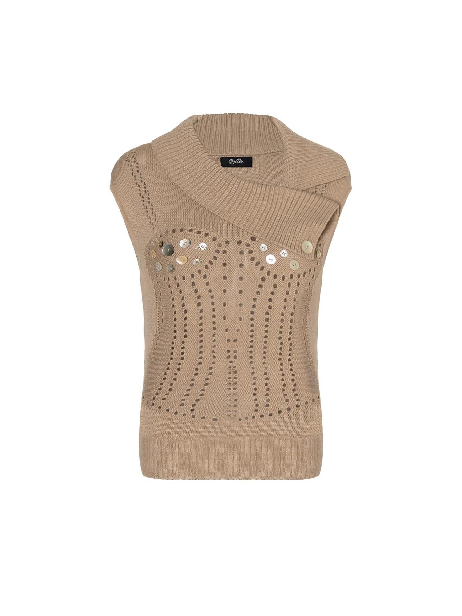 JYOSEI Soft Wool Blend Slim Fit Asymmetric Button Light Khaki Knitted Ladies Tank Tops
