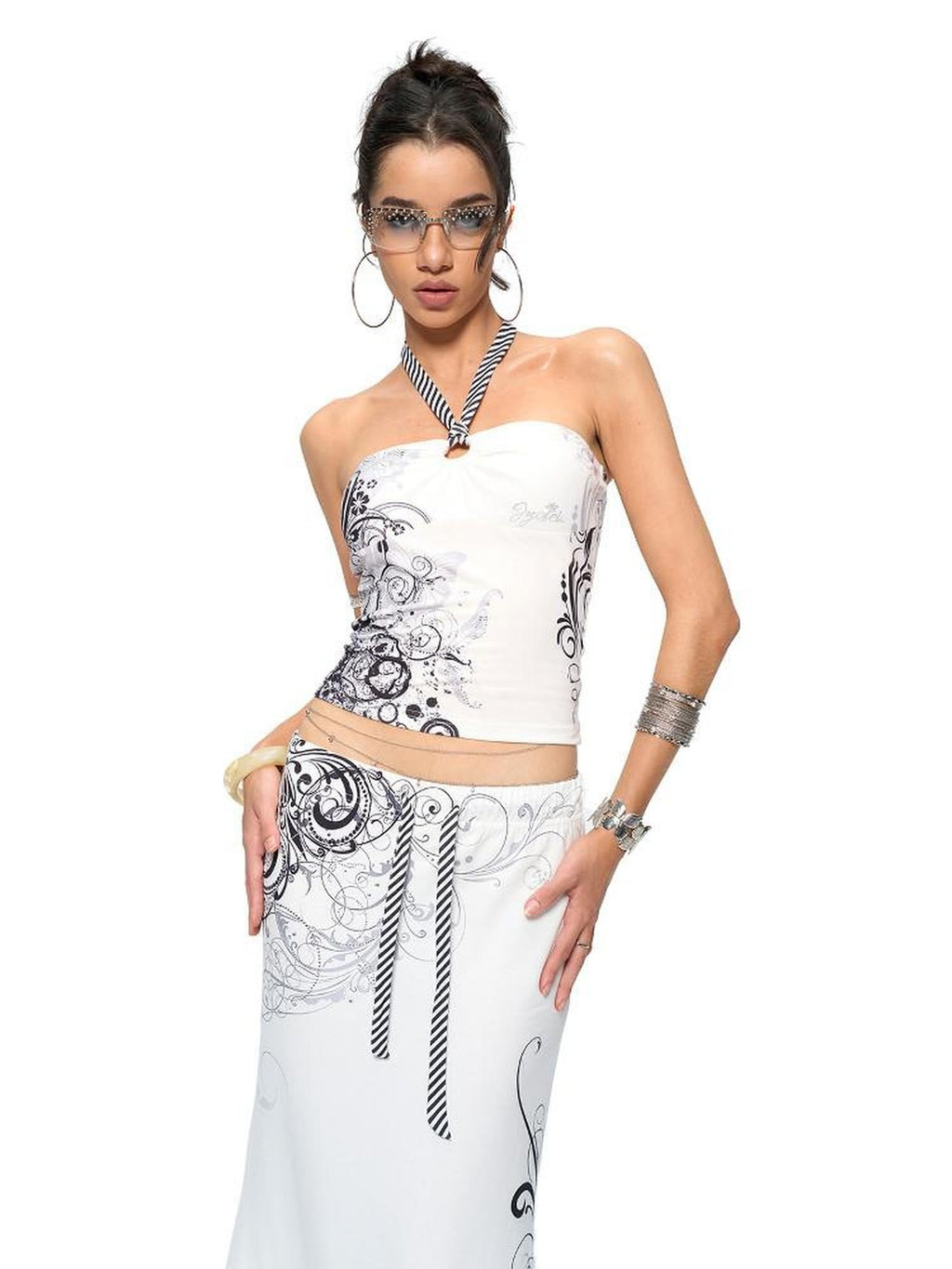 JYOSEI Striped Polyester Sexy Short Sleeve Crewneck Women Top & Skirt Sets