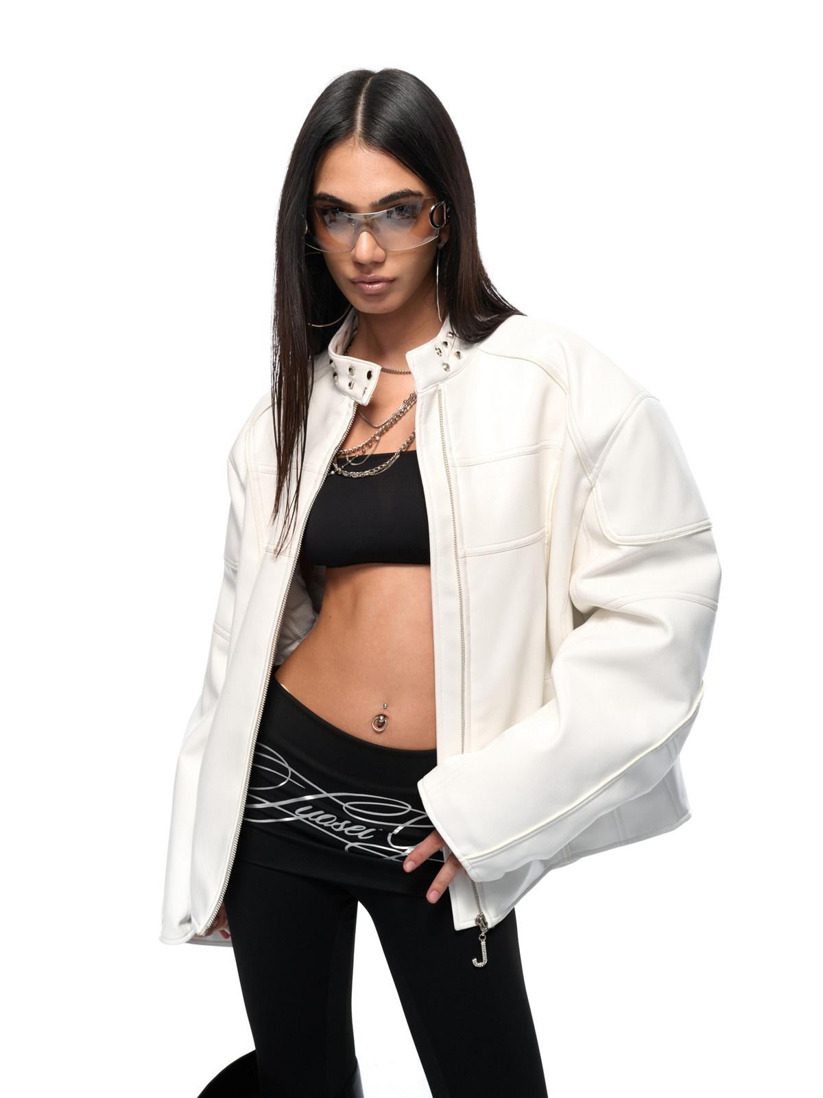 Thick Matte Pu Oversized Unisex Zip Stand Collar Street White Leather Jackets