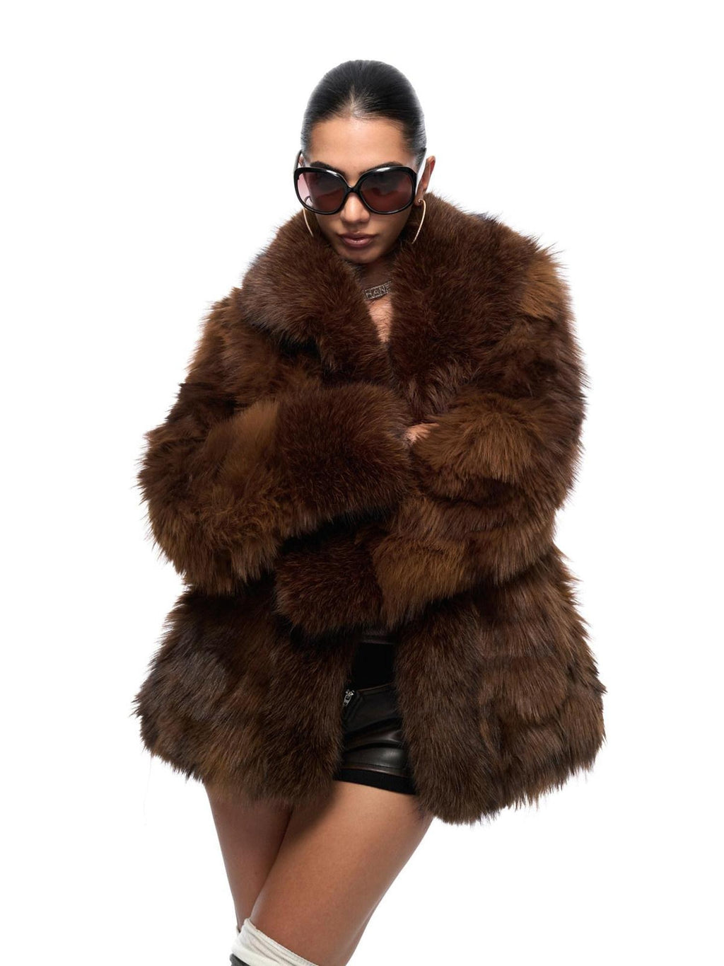 JYOSEI Thick Warm Faux Fur Vintage Loose Fit Brown Lapel Pocket Midlength Short Coat