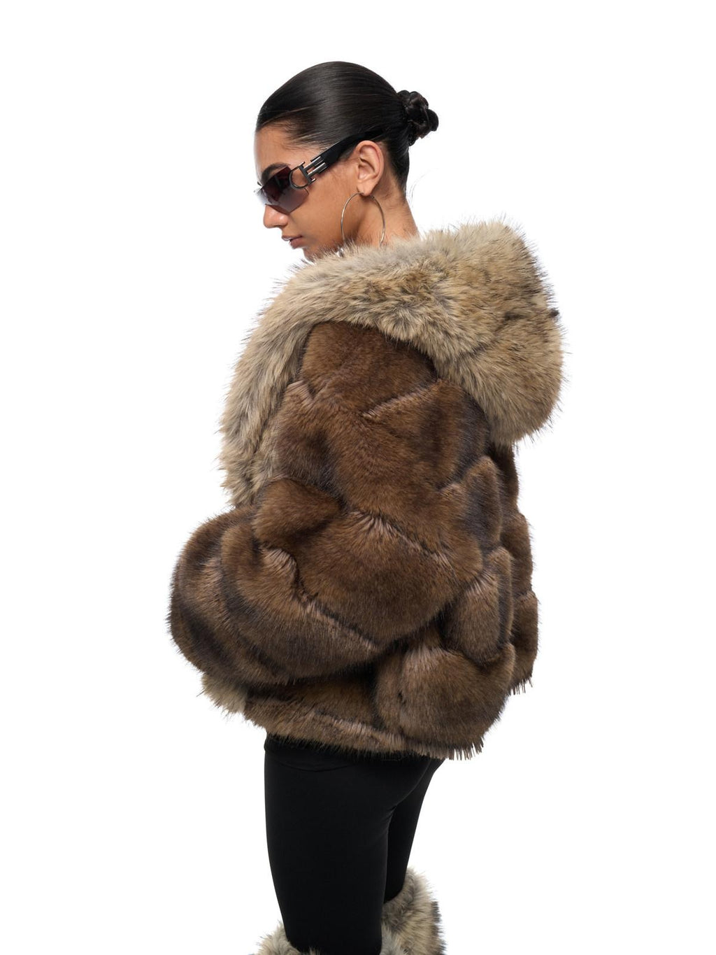 JYOSEI Warm Faux Fur Hood Colorblock Oversized Women Pockets Deep Brown Short Coat