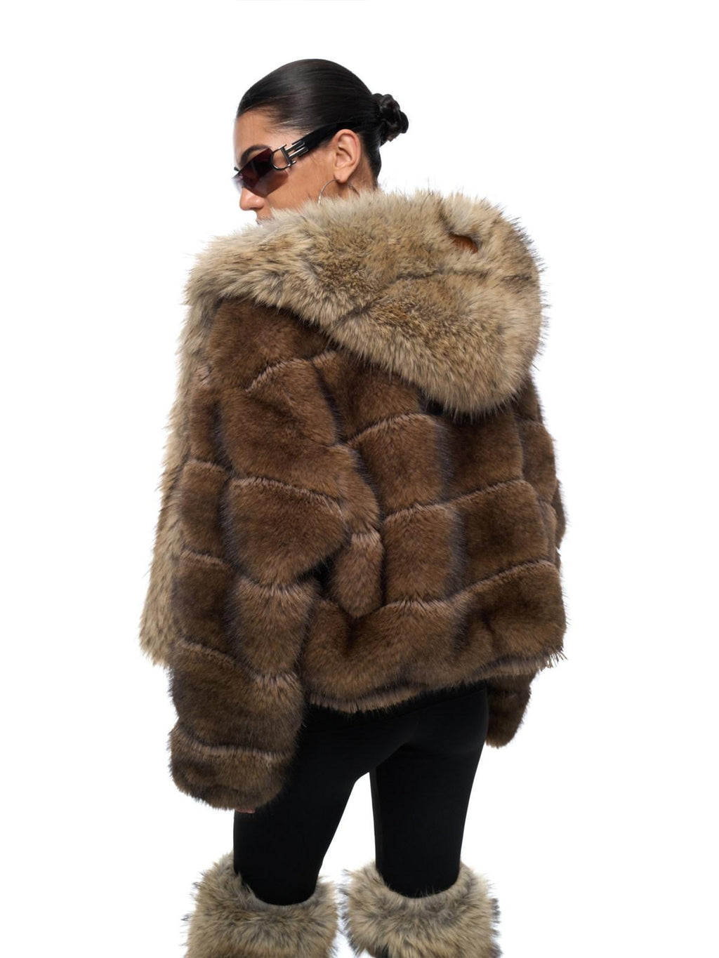 JYOSEI Warm Faux Fur Hood Colorblock Oversized Women Pockets Deep Brown Short Coat