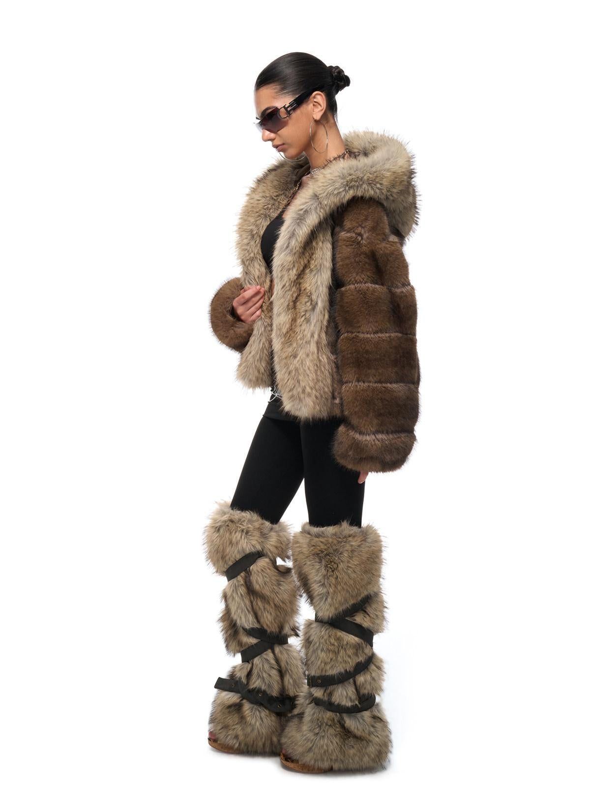 JYOSEI Warm Faux Fur Hood Colorblock Oversized Women Pockets Deep Brown Short Coat