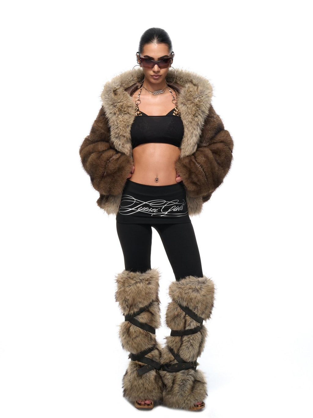 JYOSEI Warm Faux Fur Hood Colorblock Oversized Women Pockets Deep Brown Short Coat