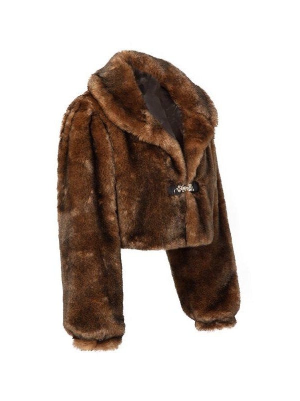 JYOSEI Warm Original Design Loose Lantern Sleeve Cropped Button Women Brown Short Coat