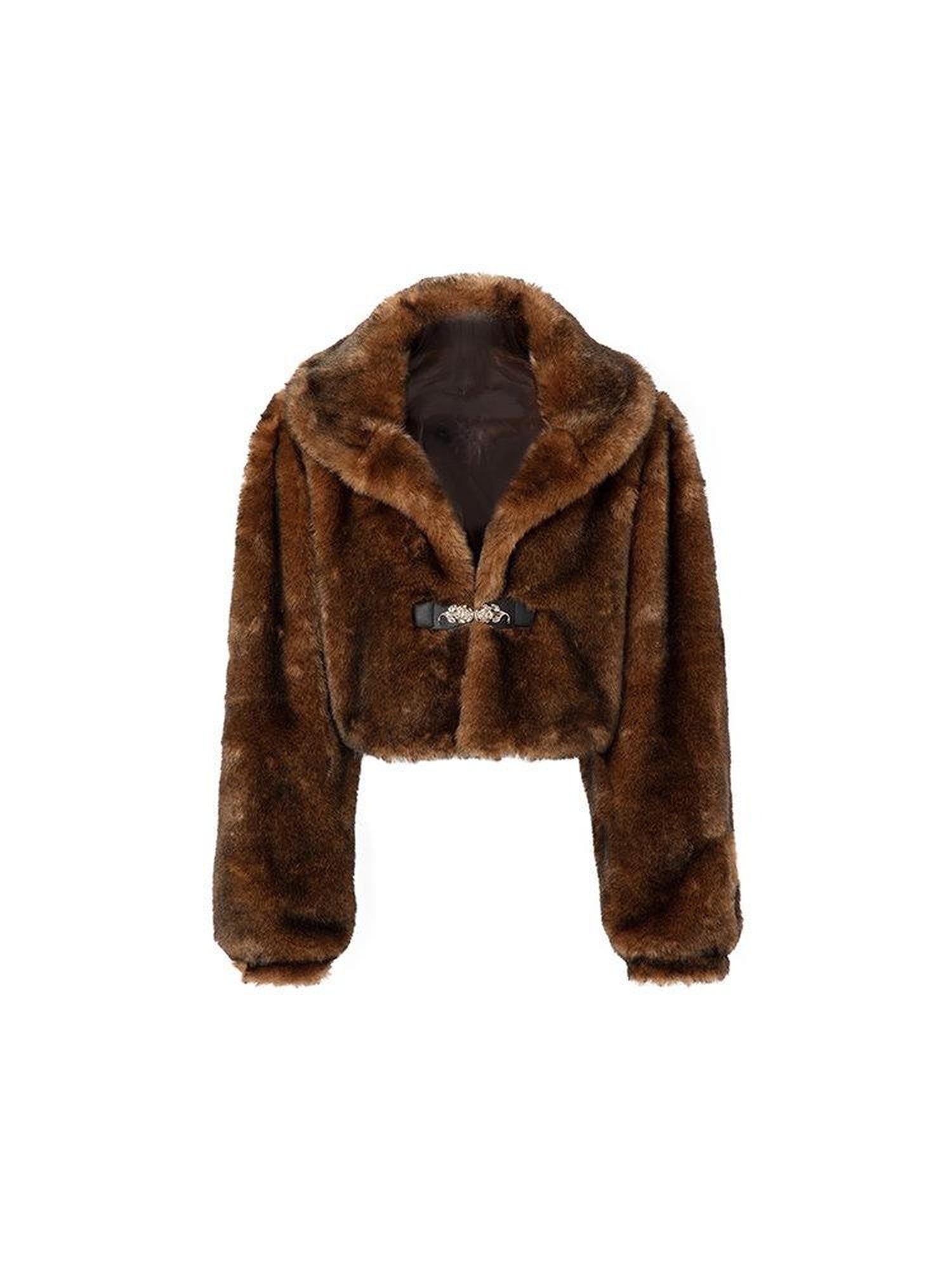 JYOSEI Warm Original Design Loose Lantern Sleeve Cropped Button Women Brown Short Coat