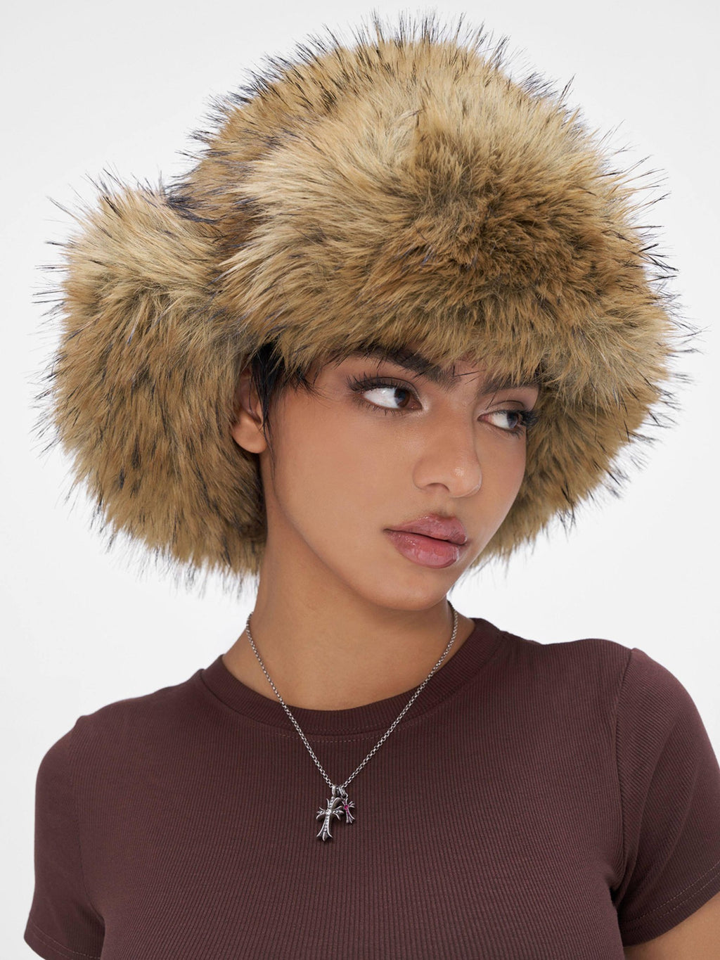 JYOSEI Warm Polyester Street Round Top Wide Brim Trapper Women One Size Camel Hats