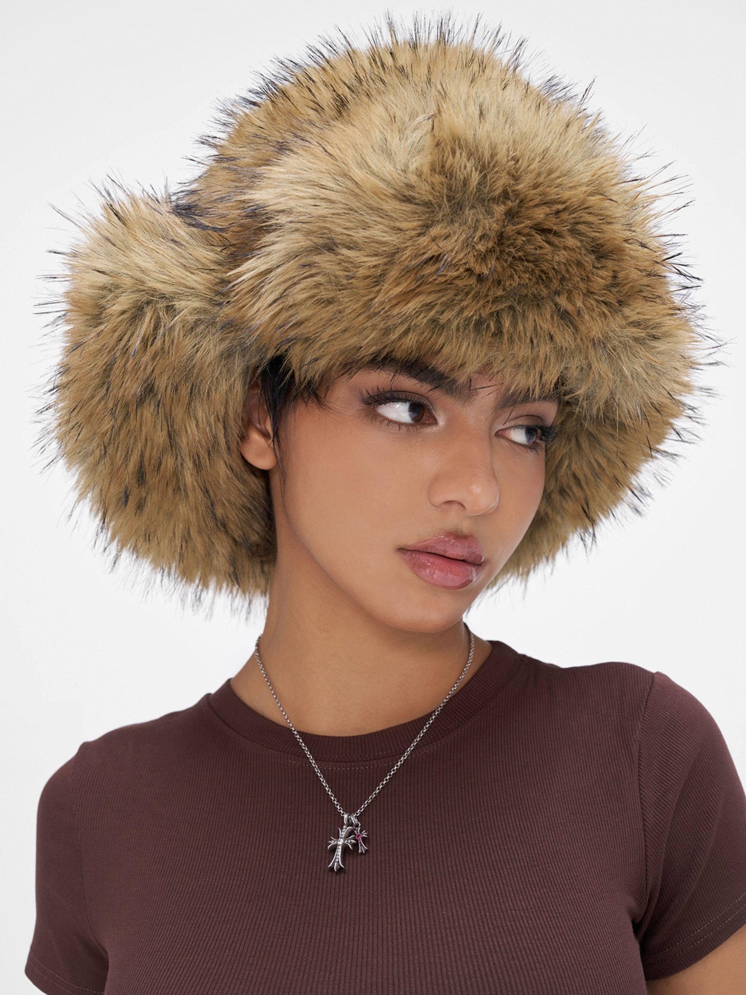 JYOSEI Warm Polyester Street Round Top Wide Brim Trapper Women One Size Camel Hats