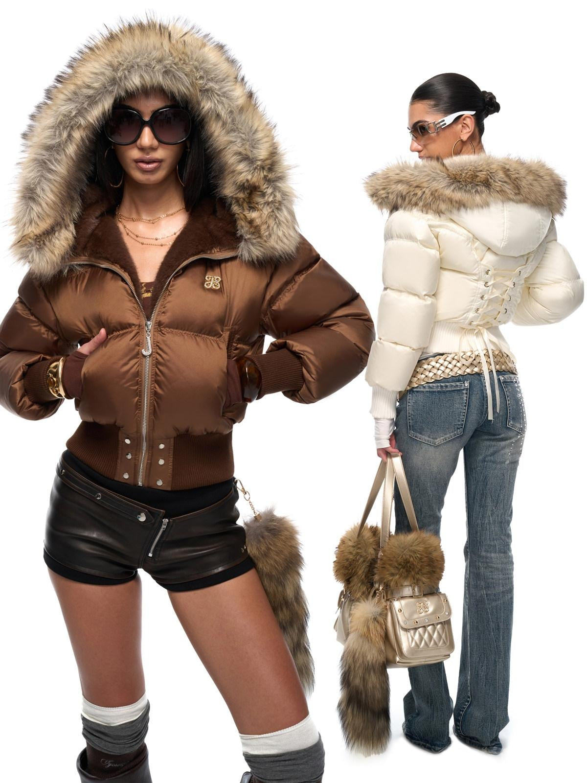 JYOSEI Warm White Duck Down Hooded High Waist Short Sexy Puffer Women Down Jackets