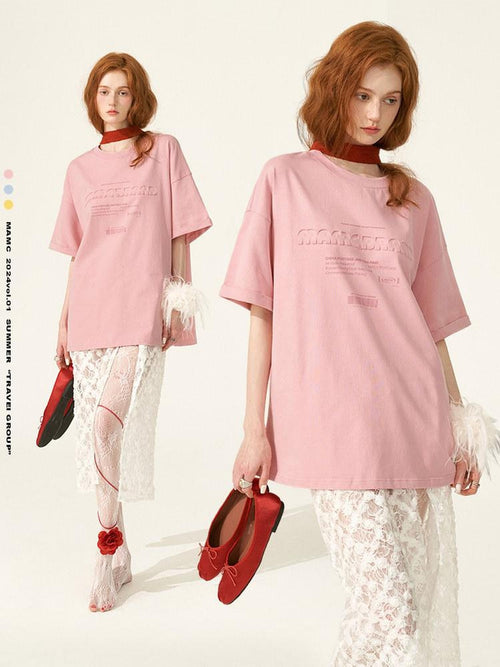 MAMC 100% Cotton Loose Crew Neck Letter Print Casual Blue Pink Short Sleeve T-Shirts