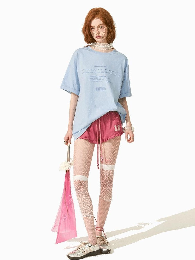 MAMC 100% Cotton Loose Crew Neck Letter Print Casual Blue Pink Short Sleeve T-Shirts