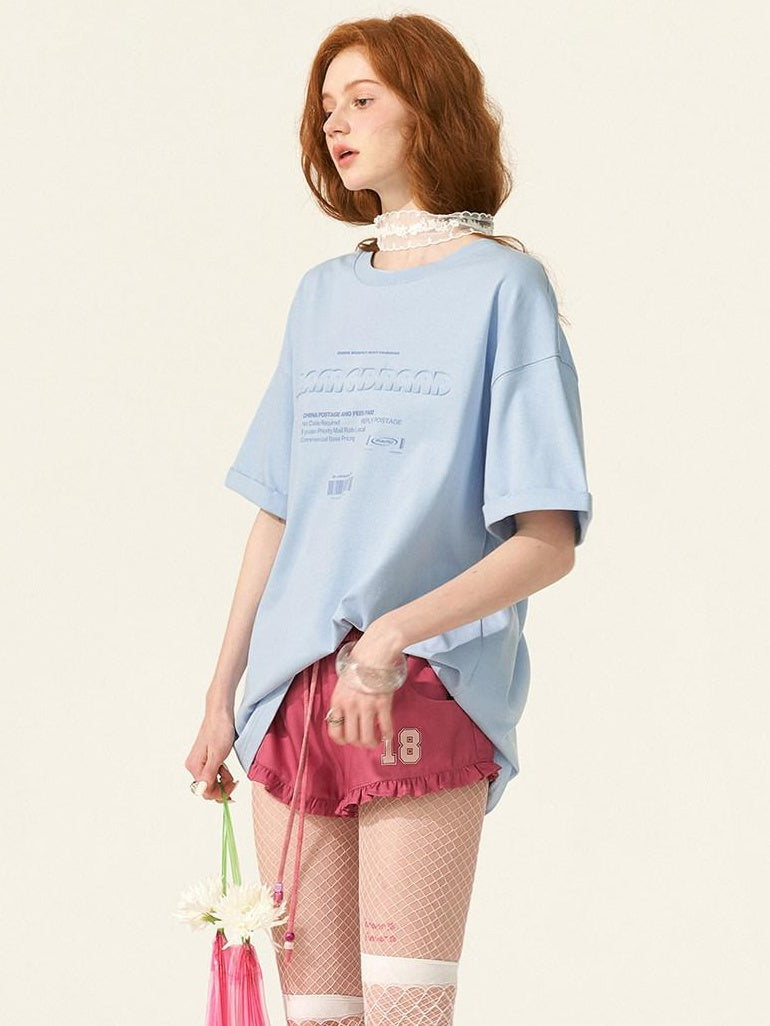 MAMC 100% Cotton Loose Crew Neck Letter Print Casual Blue Pink Short Sleeve T-Shirts