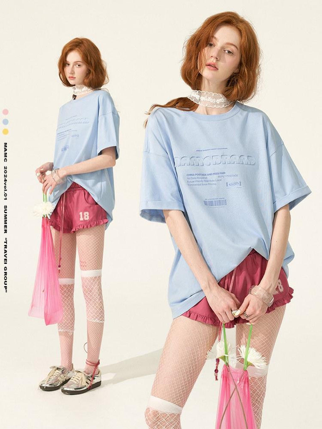 MAMC 100% Cotton Loose Crew Neck Letter Print Casual Blue Pink Short Sleeve T-Shirts