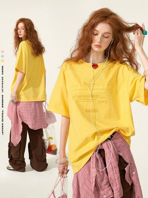 MAMC 100% Cotton Loose Crew Neck Letter Print Casual Blue Pink Short Sleeve T-Shirts
