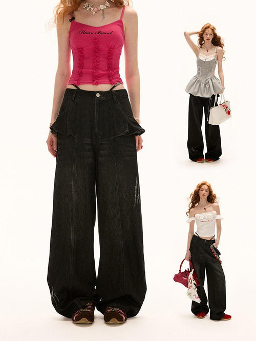 MAMC 100% Cotton Relaxed Straight Natural Waist Casual Women Black Jeans