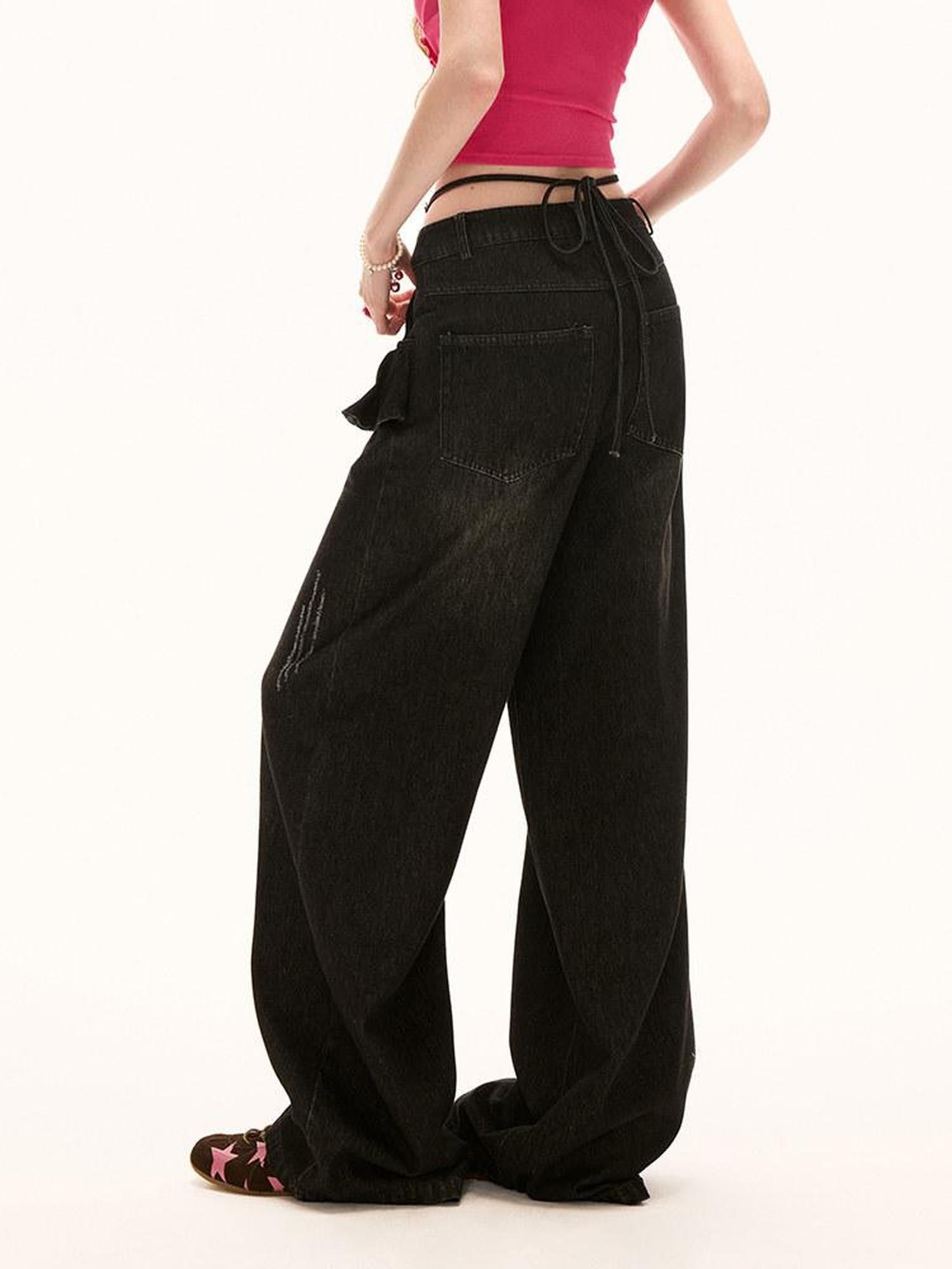 MAMC 100% Cotton Relaxed Straight Natural Waist Casual Women Black Jeans