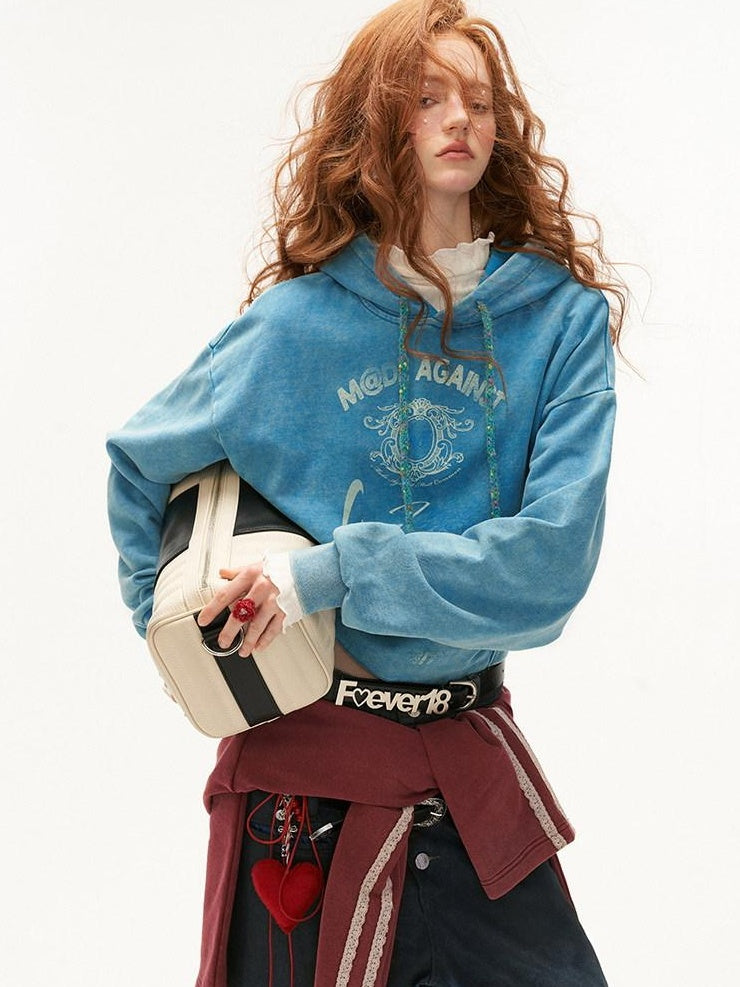 MAMC 100 Percent Cotton Relaxed Fit Cropped Letter Print Minimal Pullover Hoodie