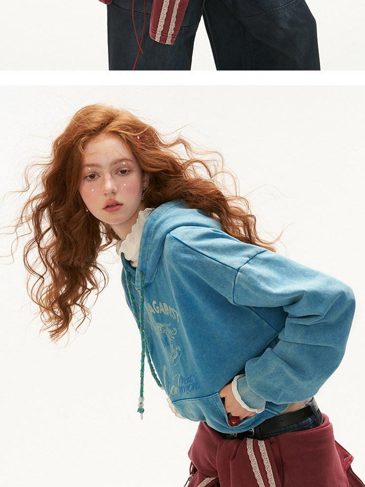 MAMC 100 Percent Cotton Relaxed Fit Cropped Letter Print Minimal Pullover Hoodie