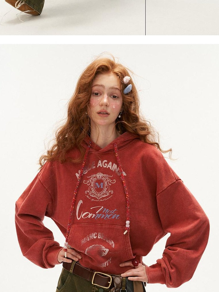 MAMC 100 Percent Cotton Relaxed Fit Cropped Letter Print Minimal Pullover Hoodie