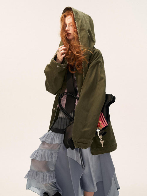MAMC 100 Percent Cotton Relaxed Oversized Distressed Women Army Green Zipper Jackets